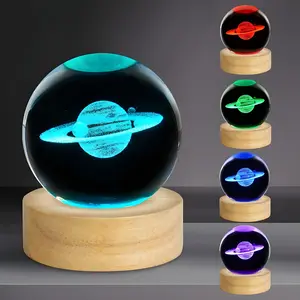 2.36 Inch 3D Saturn Crystal Ball Star Night Light, Colorful Wooden LED Base, Space Theme Decorative Lamp Gift, Perfect for Birthdays & More, Home Decor Lighting