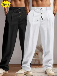 Men's Lightweight Linen Casual Solid Pants Set, Breathable Outdoor Sports, Elastic Drawstring Waistband, Straight Leg, Clothes, Menswear