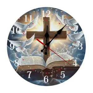10/12 Inch Christian Cross Bible Dove Wooden Wall Clock | Silent Non-Ticking Religious Christian Decor, No Battery Included, Perfect for Home, Church, Prayer Room