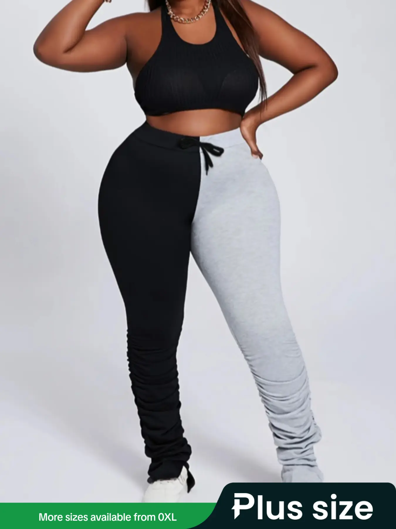 Lovelywholesale Plus Size Colorblock Ruched Drawstring Waist Side Split Pants, Casual Comfy Trousers for Women, Women's Bottoms for Spring & Fall