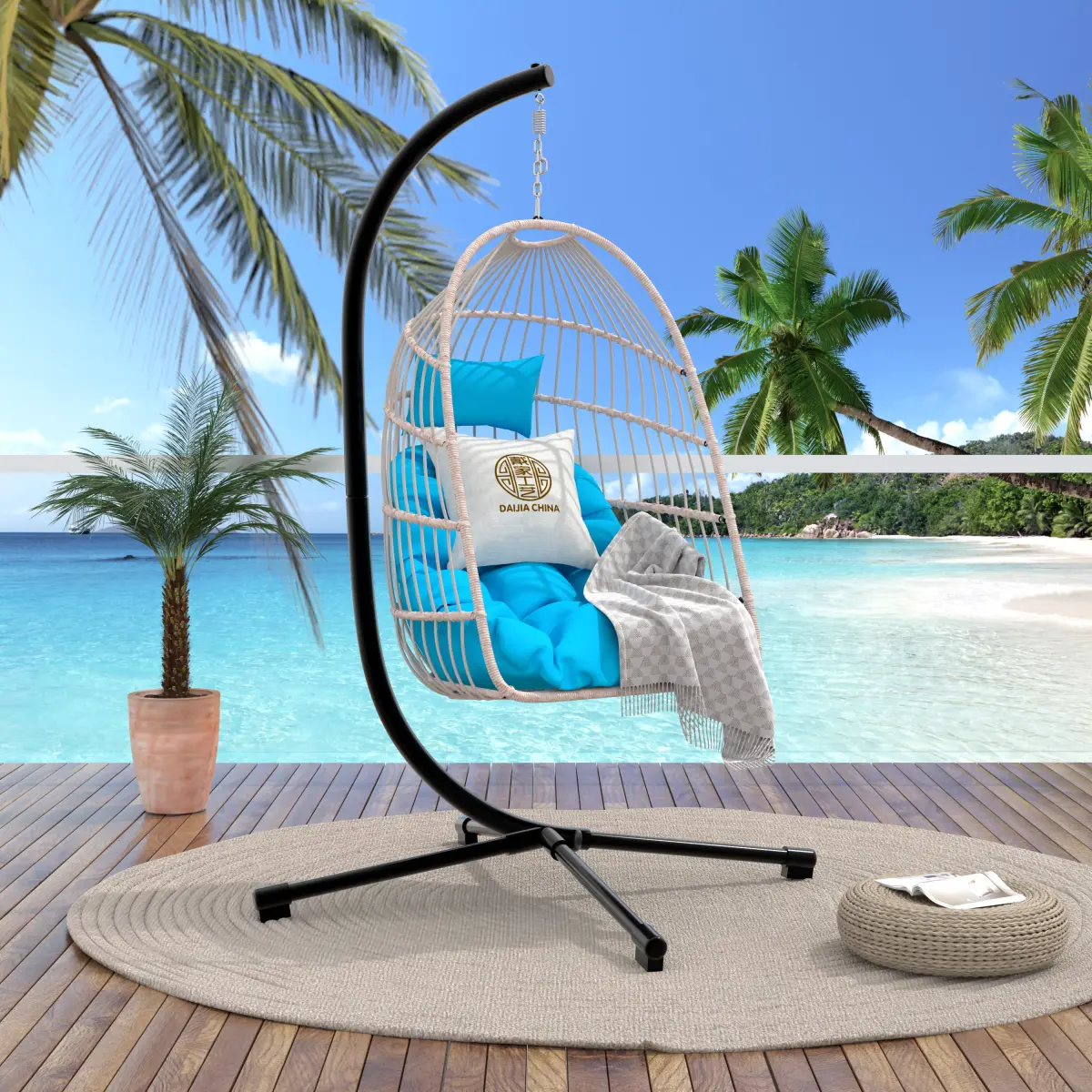 Foldable Hanging Egg Chair with Stand and Pillow, HDPE Rattan and Heavy Duty Aluminum-Steel Frame, Outdoor Patio Wicker Swing Egg Chair with Headrest and Cushioned, 350 Lbs Capacity (Blue)