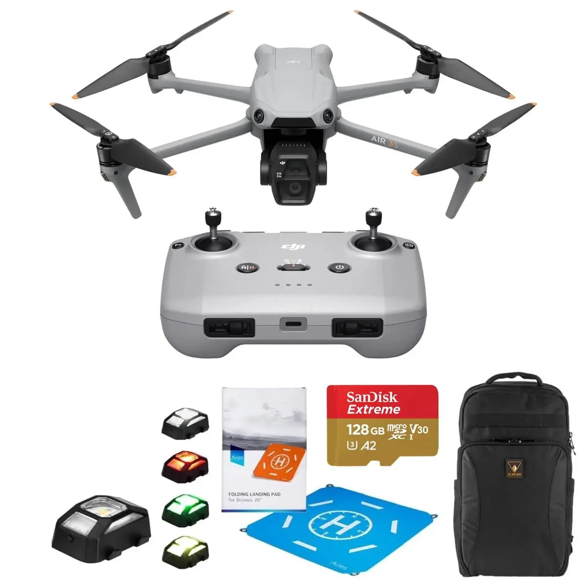 DJI Air 3S Drone Bundle Pack with RC-N3 Remote Controller, 128GB Memory Card, Strobe Lights, Landing Pad Pro, Backpack, Accessories, Recording Gear