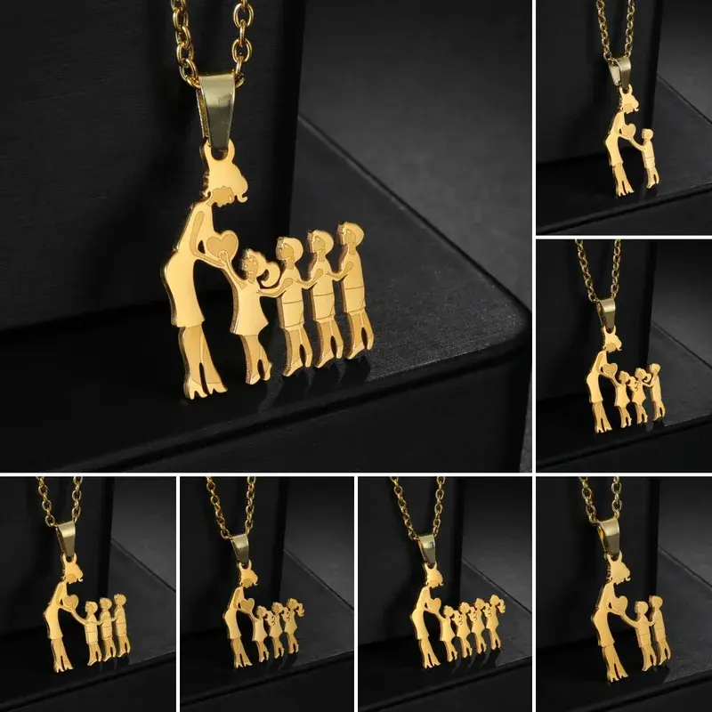 2 pcs/lot Family Necklaces Girls Boys Children Stainless Steel hypoallergenic Mama Pendants Necklace Birthday Gifts  Women Jewelry Mother's Day Gold Plated fade-resistance