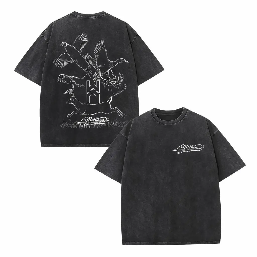 Vintage Black Washed Hunting T-Shirt, Front Mathews Script Logo & Back Full Wildlife Print, Oversized Unisex Tee for Hunting & Casual Style