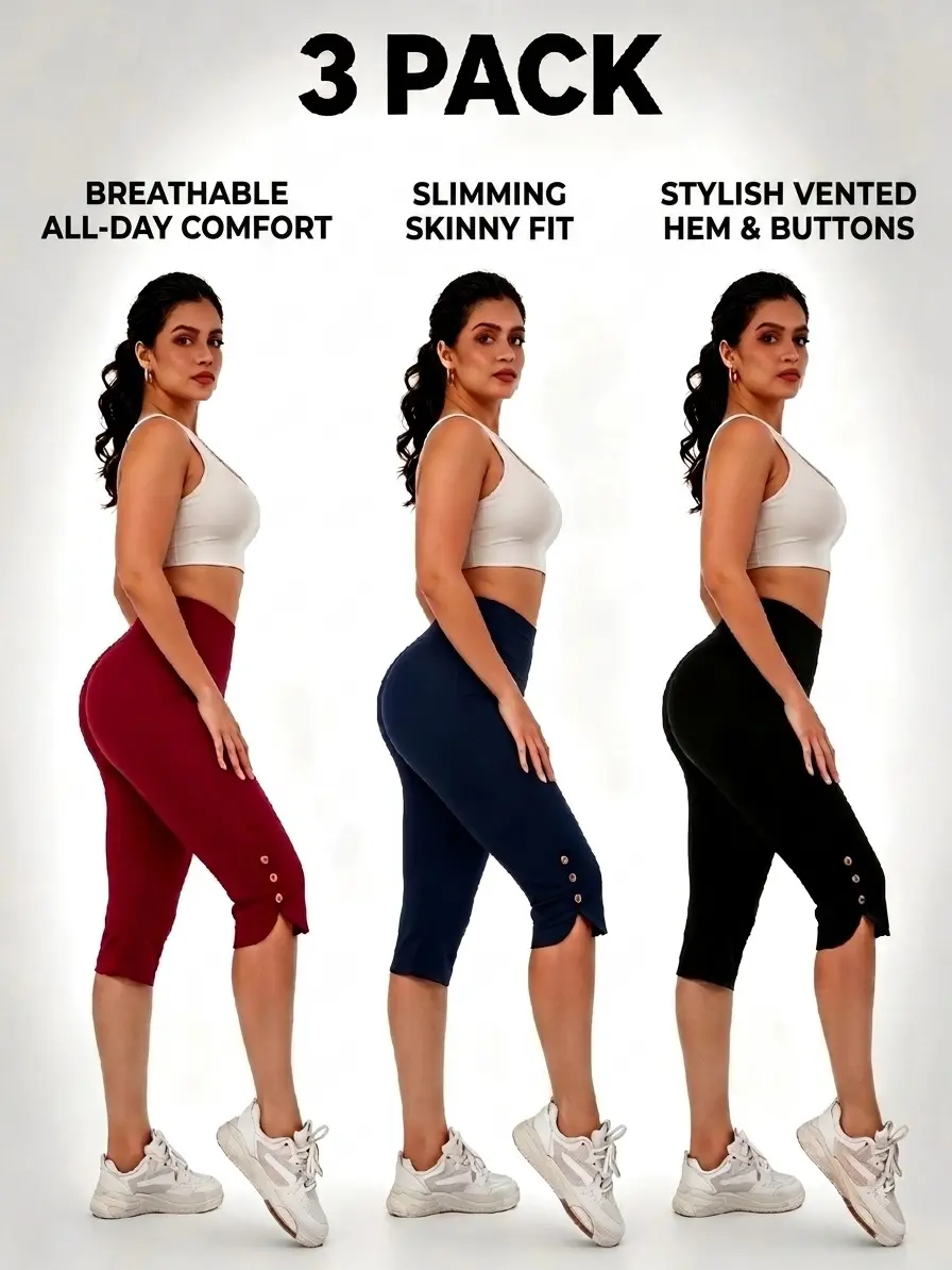 Women’s summer capri leggings, 3-pack, solid color, high-waisted, tight fit — fitness/running training pants; women’s bottoms, solid color athletic leggings, outdoor fun