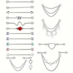 19pcs Industrial Barbell Piercing Jewelry, Stainless Steel Industrial Earrings for Men, Chain Dangle Cartilage Helix Piercing Jewelry
