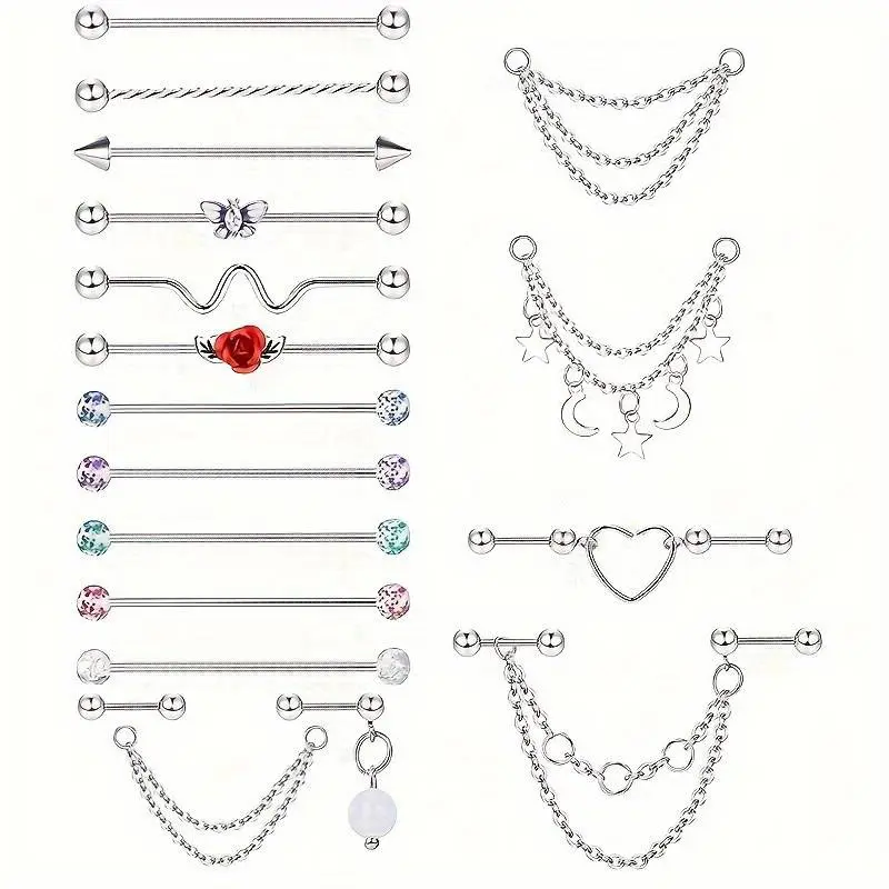 19pcs Industrial Barbell Piercing Jewelry, Stainless Steel Industrial Earrings for Men, Chain Dangle Cartilage Helix Piercing Jewelry
