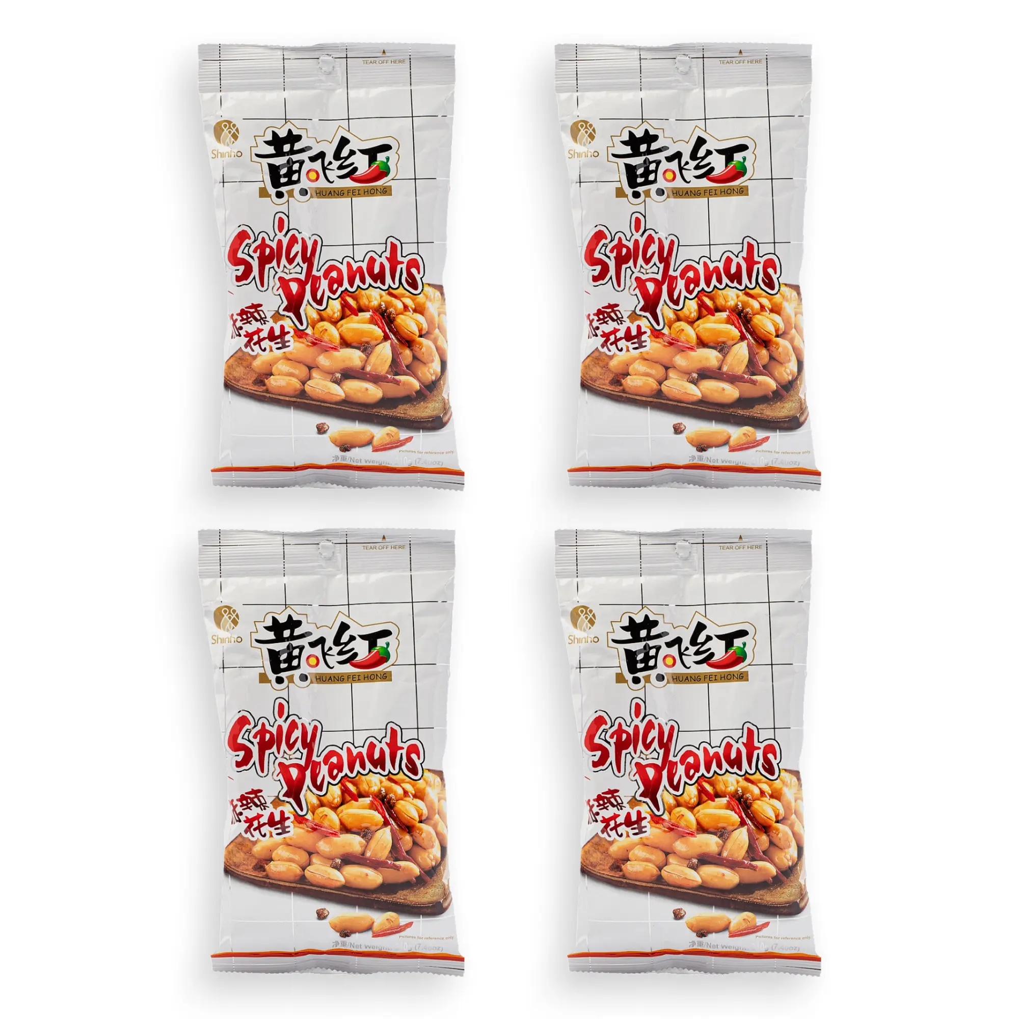 Huang Fei Hong Savory Spicy Sichuan Peppercorn Peanuts - 4 Packs (210g Each), Hand-Roasted Crunchy Nut Snack, Sichuan Peppercorns