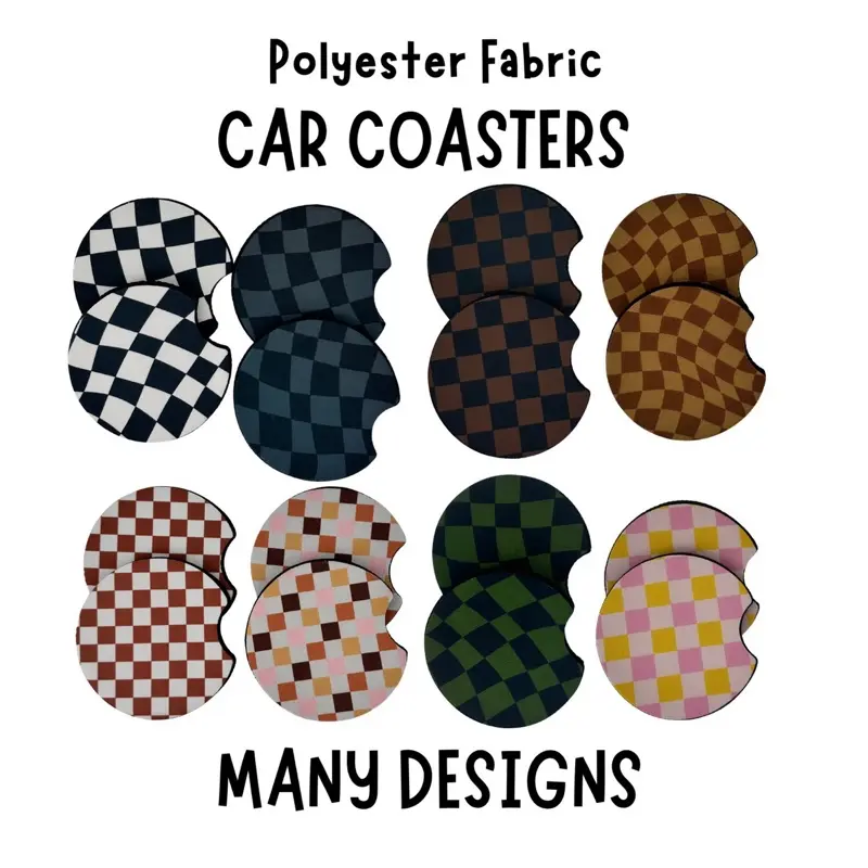 Handmade Car Coasters 1 SET (2pc) 2.75" diameter | Cute Checkered, Floral & Themed Designs | Absorbent Neoprene Cup Holder Inserts | Car Accessories