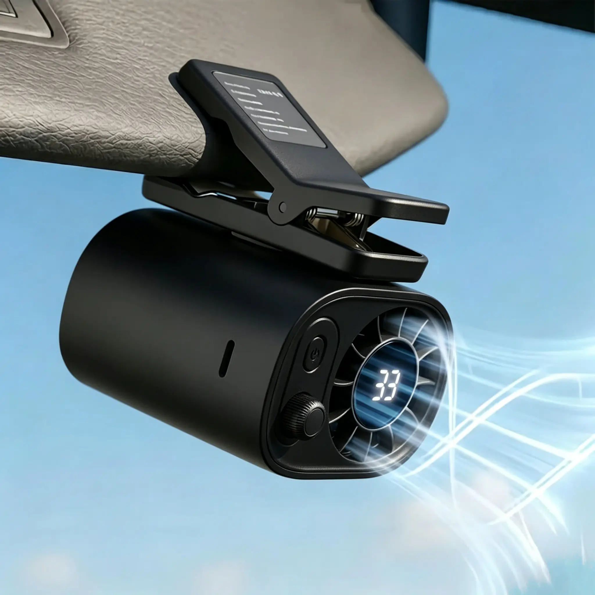 USB Car Personal Fan for Travel (Clip-On Fan, Clip Umbrella Fan) — 100-Speed USB Rechargeable, 360° Rotation, USB-C LED Display, Portable Dashboard Fan & Desk Fan, Clip-On/Hanging Waist Fan, Up to 4.5H (Battery Included) -002