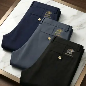 Men’s Stretch Dress Pants – Formal Tailored Trousers with Embroidery, Loose Fit, Versatile Straight-Leg Design for Office Workers