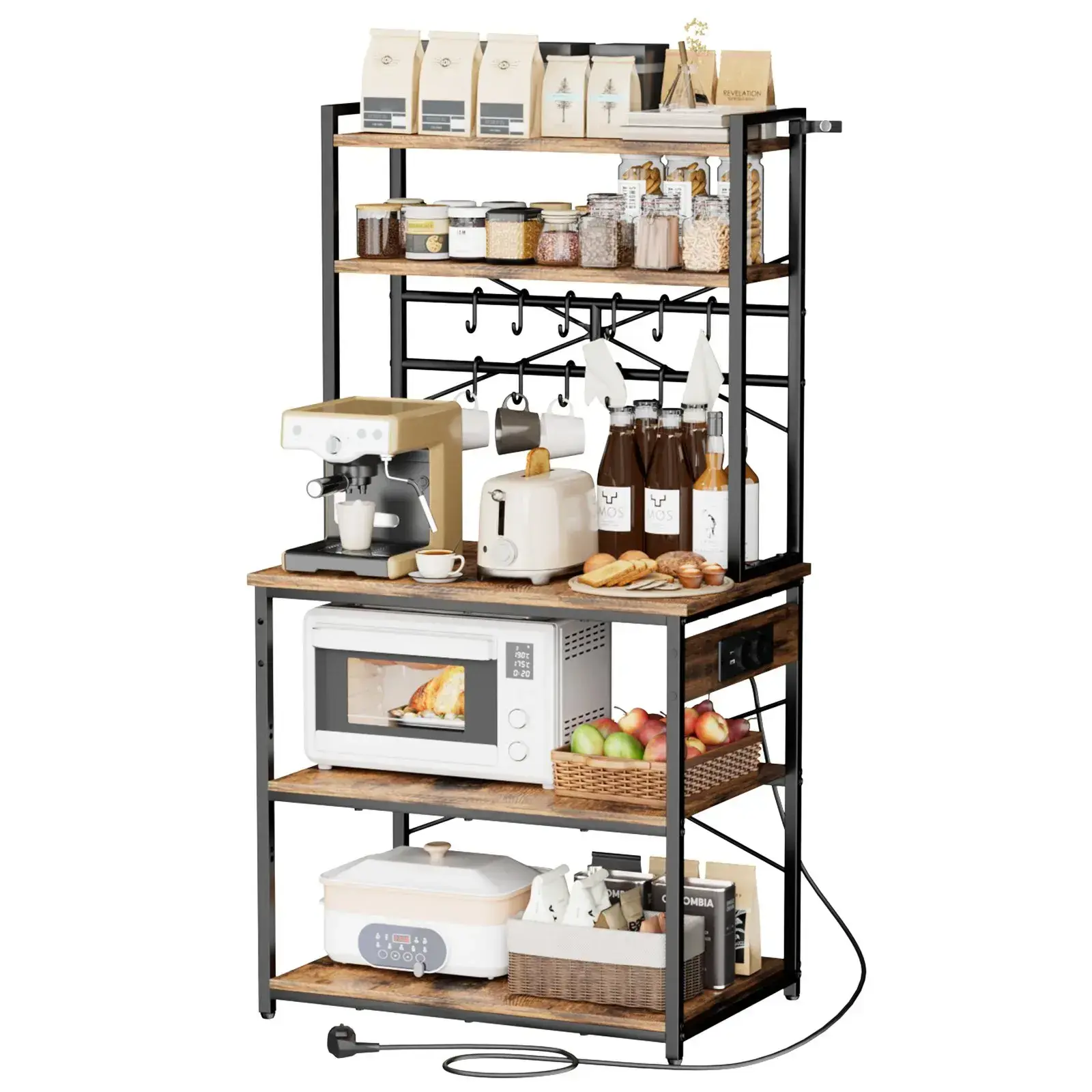 Kitchen Baker's Rack with Built-In Power Strip, 5 ft Power Cable, X-Shaped Support Bar, 12 S-Shaped Hooks, Kitchen & Coffee Bar Stand for Dishes, Spice Bottles