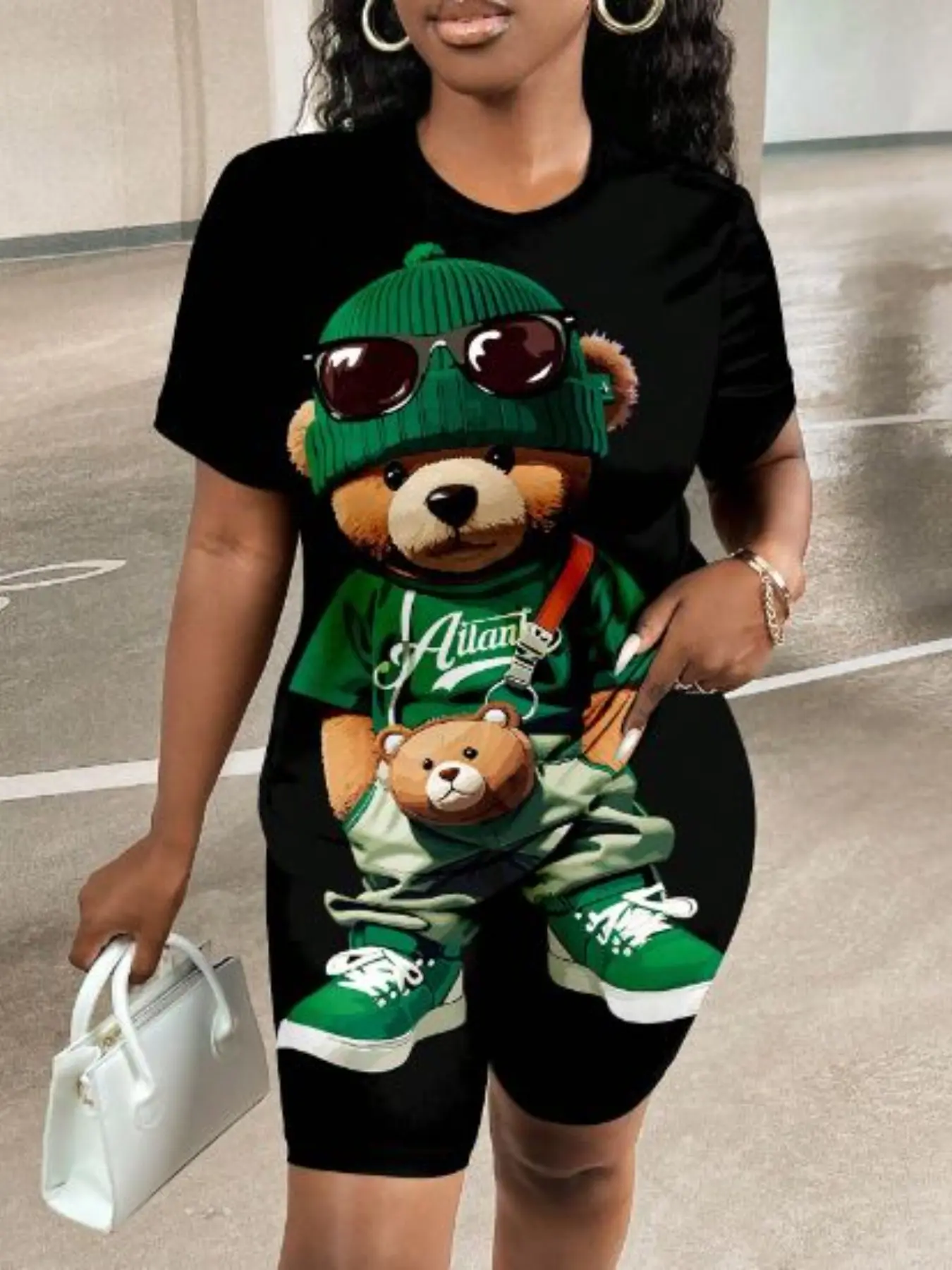 2-Piece Summer Women's Set, Round Neck Bear Print Short Sleeve T-Shirt & Fitted Pants, Casual Above Knee for Outdoor Wear, Fashion Style Sets, Womenswear, Clothes