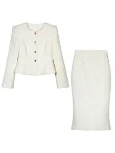 Women's Contrast Sequin Button Front Long Sleeve Fitted Jacket & Skirt Tweed Two-piece Set, Elegant Chic Fashion Casual Outerwear & Skirt for Daily Outdoor Wear, Women Clothing for Spring & Fall