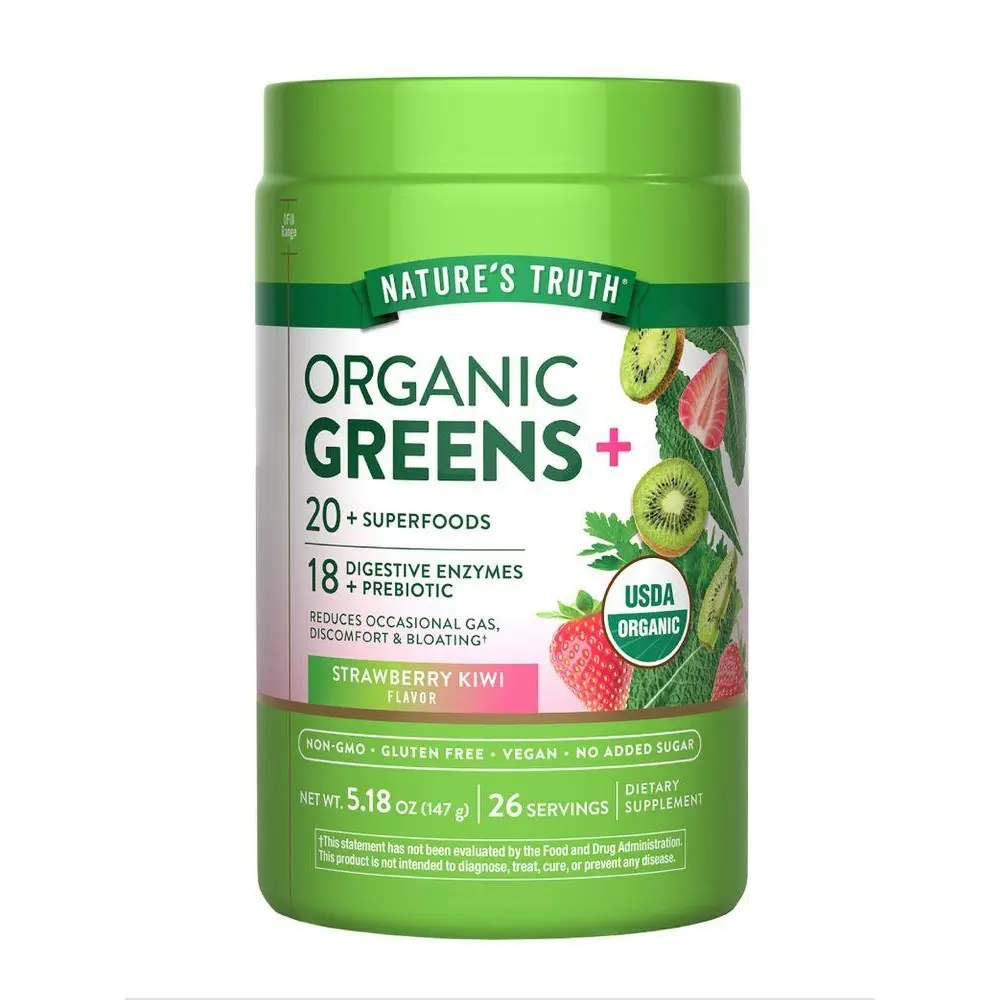 Nature's Truth Organic Greens Powder Digestive Enzymes & Prebiotic Blend - 5.18 Oz - 20 Plus Superfoods - Strawberry Kiwi Flavor
