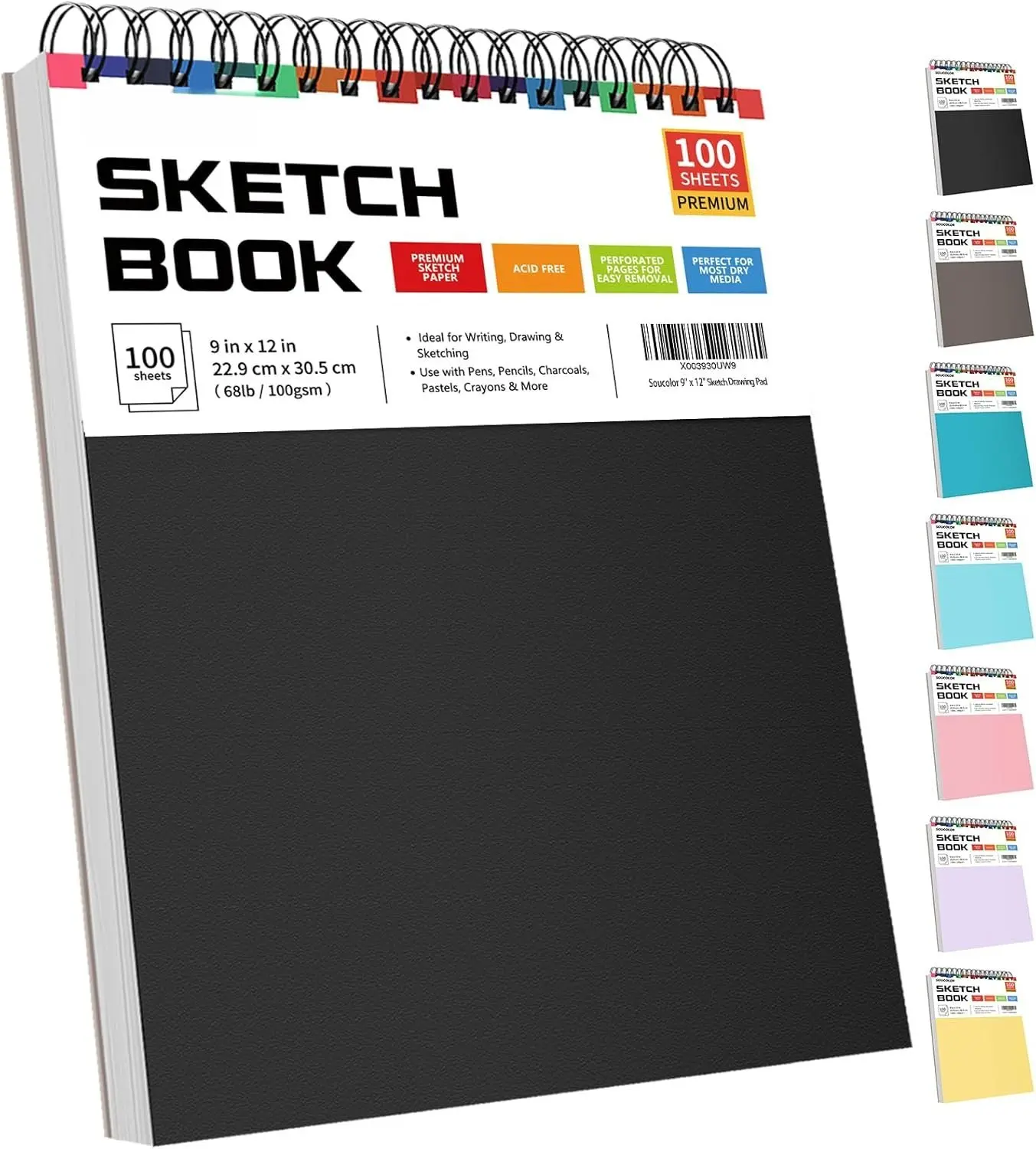 Sketch Book, Spiral Bound Acid-Free Sketchbook with 68lb/100gsm for Paper Painting, Drawing, Writing, Artist Sketching Pad for , Adults & Teens, 100 Sheets (Black, 9 x 12 Inch, Pack of 1)