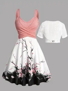 Elegant Cherry Blossom Print Dress Set with Matching Lace Top, Women's Summer 2-Piece, Vintage Lace Shirt, Beach Dress, Vacation Casual Wear