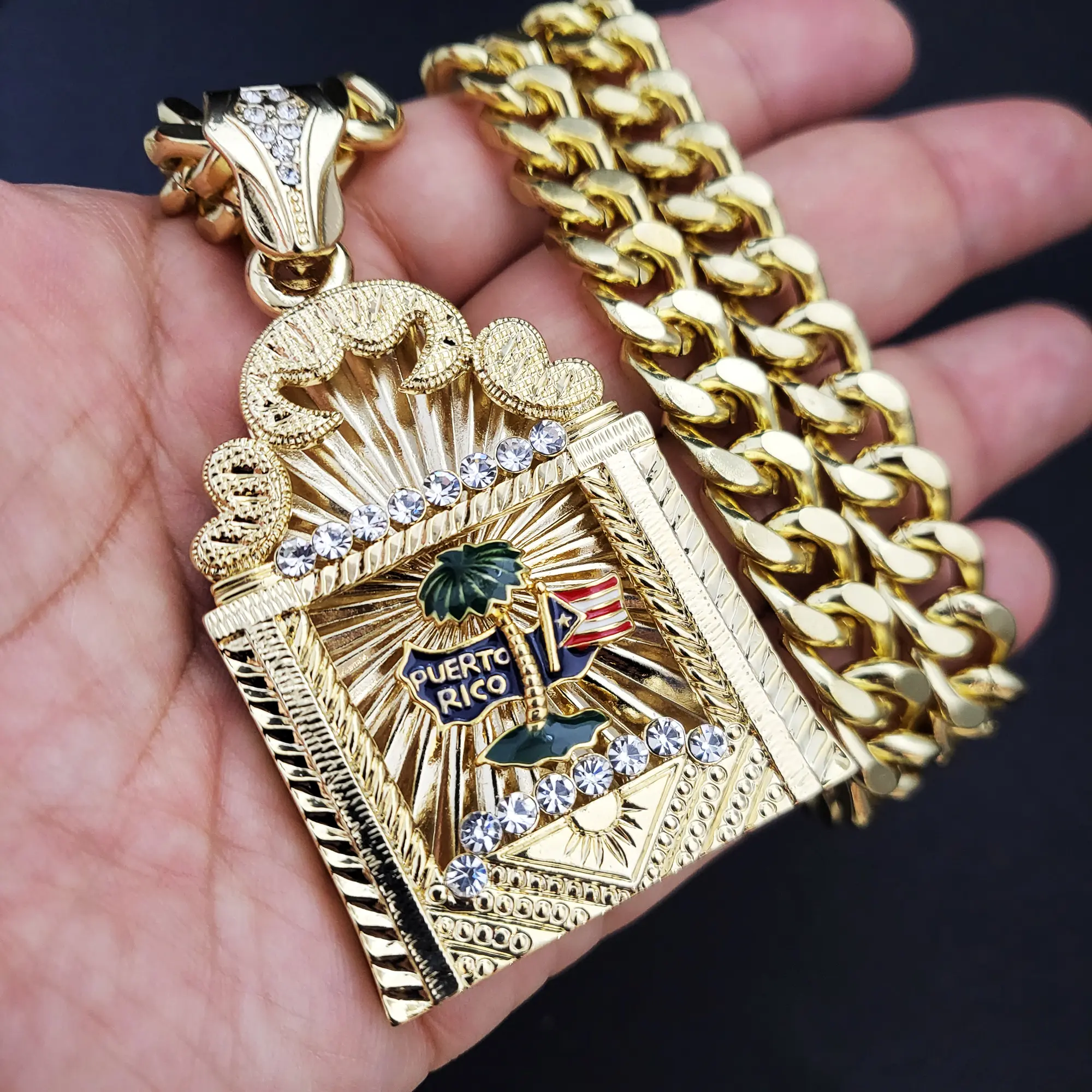 MaxBling81 Oversized Puerto Rico Flag Pendant Necklace with 10mm Iced Out Cuban Link Chain, Gold-Plated Unisex Hip Hop Jewelry, Bling Stylish Accessory