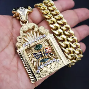 Puerto Rico Gold Plated Large Pendant & 10mm 16" 18" 20" 24" 30" Iced Cuban Chain Hip Hop Necklace Jewelry Unisex Men Women