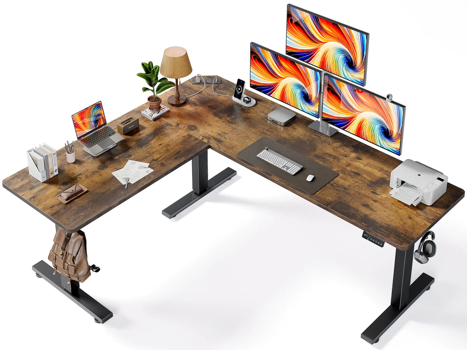 63 x 55 Inch Corner Shape Ergonomic Computer Desk - L-Shaped Adjustable Commercial Office Furniture with Power Outlets, Memory Preset, Hooks, Dual Monitor Setup, Riser for Home/Office Workstation (Rustic Brown Wood)