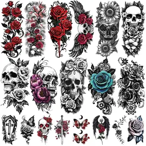 77 Sheets Skull Flower Realistic Temporary Tattoos For Women Men Adult, Large Rose Bones & Flowers Floral Fake Tattoos Girl, Skeleton and Spooky Halloween Temp Tatoo Sticker Thigh Back Leg Body Art
