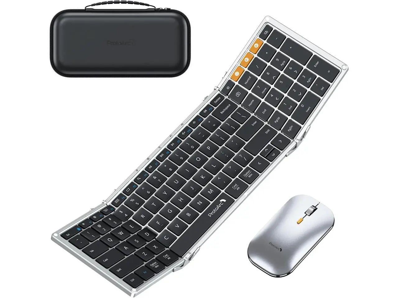 ProtoArc Tri-Fold Bluetooth Keyboard and Mouse Combo - Full-Size Folding for Business Travel, a Portable Office Suite On-The-Go, Compatible with Laptop iPad Tablet, XKM01 - Black Silver