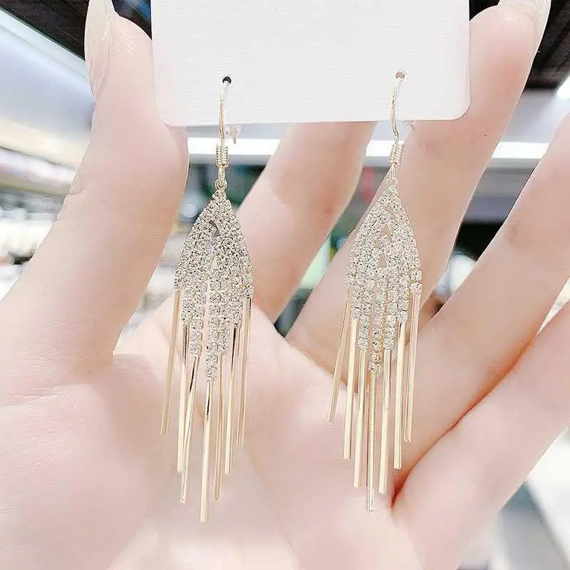 Korean Elegant Fashion Full Rhinestone Tassel Earrings for Women 2024 Trendy Personalized Versatile Influencer Ear Jewelry Ear Hooks HNAO09