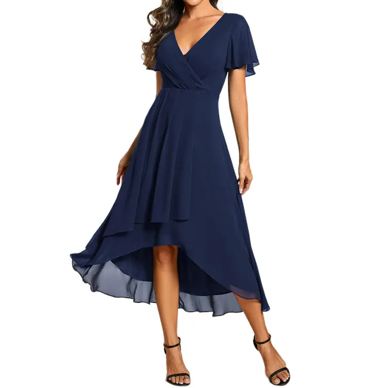 Women Solid Polyester High Low Wrap Dress V Neck Ruffle Short Sleeve Flowy Summer Midi Formal Dress for Wedding Guest Bridesmaid Cocktail
