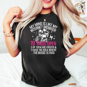 Women's Cotton Knit Short-Sleeve Round Neck Ribbed Seamless Solid Fit T-Shirt - Fabric, Smooth Casual Top with "My Mind is Like My Internet Browser" Sarcastic Skeleton Print, Funny Gift