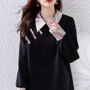 New Chinese Style Chinese Style Splicing Platter European Sweatshirt for Women's Mid-length Belly-covering Loose Top