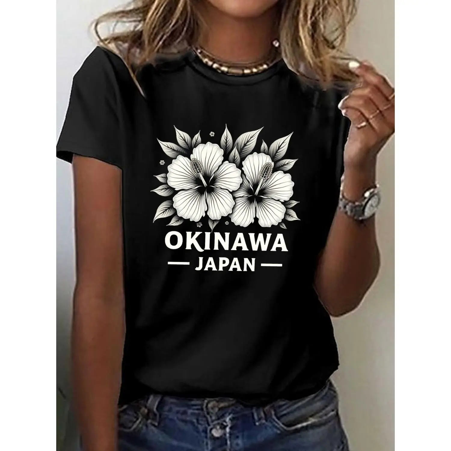 Unisex Okinawa Floral Print T-Shirt, Basic Casual Graphic Tee in Breathable Cotton with Short Sleeves, Solid, Soft, Round Neck, Cvc Fabric, Machine Wash, Okinawa Print, Unisex Fit