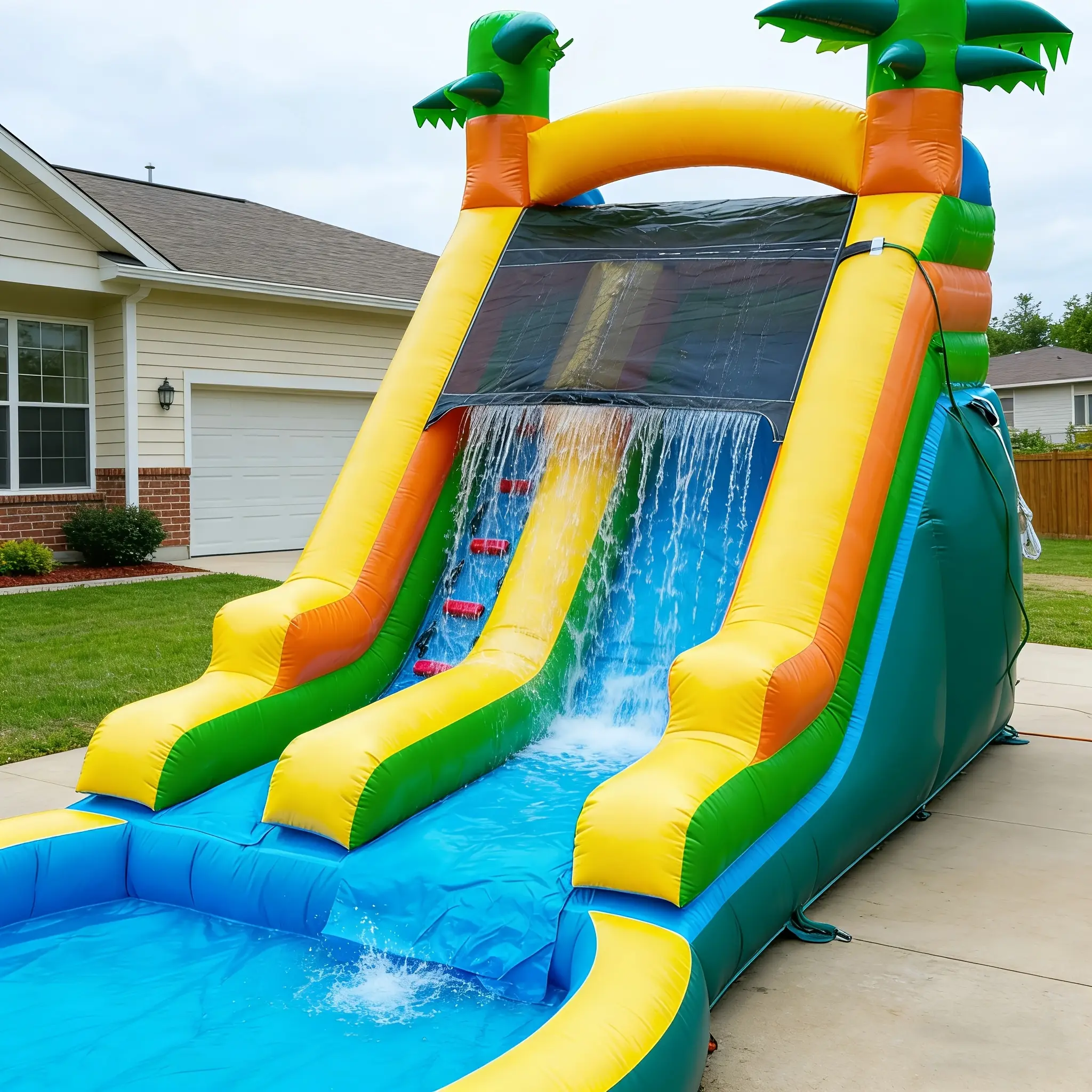 PVC Tropical Themed Inflatable Water Slide Bounce House for Kids Or Adults, Semi-Commercial, Park Use, Outdoor Water Play Slide, Outdoor Large Deep Pool Water Slide, Dry Wet Use
