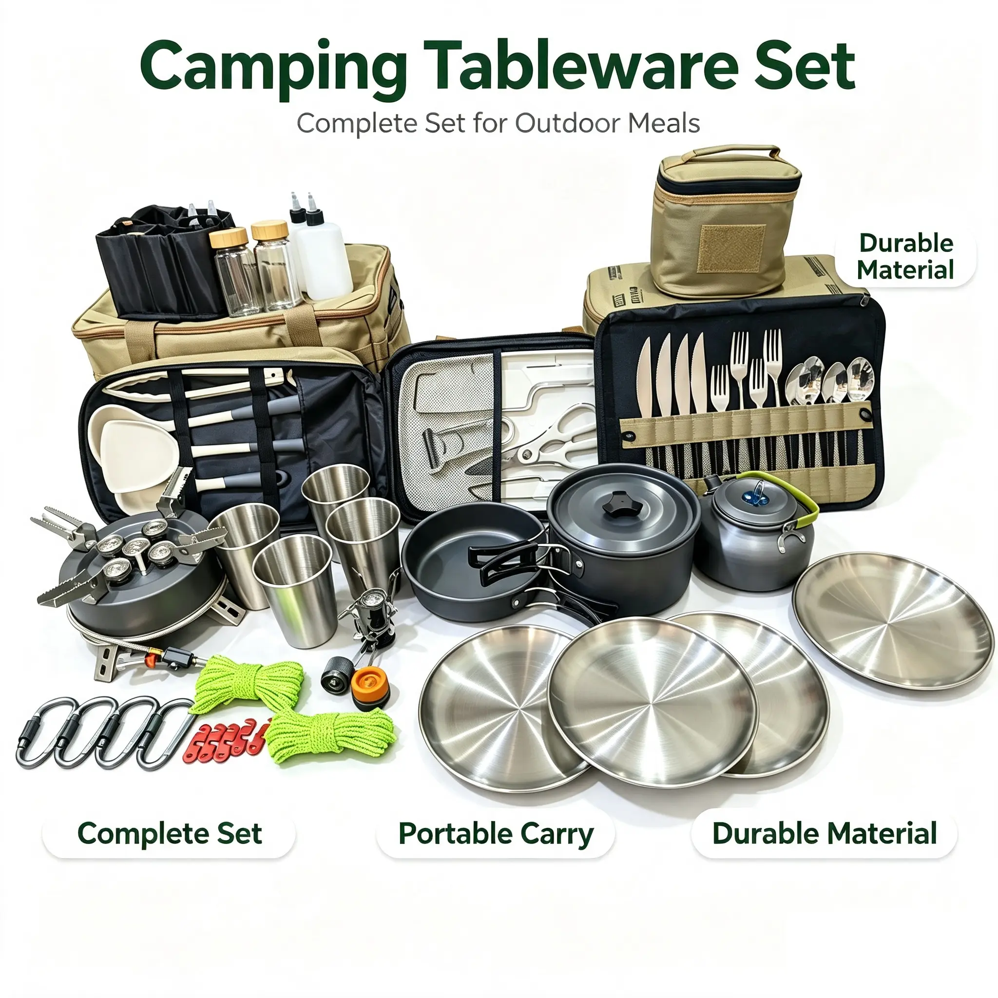 57pcs All-in-1 Compact Camping Cooking Set for 4 - Functional Outdoor Cooking Station, Portable Kitchen with Storage Bag, Gas Stove, Pots, Utensils, Dishes for Family Adventures, Get Outside