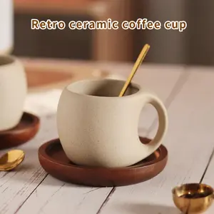 2-piece ceramic coffee cup with wooden saucer, 8.5 ounces, Japanese thick-walled ceramic espresso cup, vintage ceramic tea cup, office and household water cup, perfect for tea, coffee or hot drinks