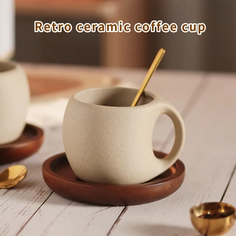 2-piece ceramic coffee cup with wooden saucer, 8.5 ounces, Japanese thick-walled ceramic espresso cup, vintage ceramic tea cup, office and household water cup, perfect for tea, coffee or hot drinks