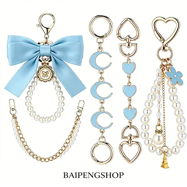 Women’s 5-Pack Pearl Bow Bag Charms - Chain-Attached, Beaded Bag Keychains, Blue Flower Decoration, Bow & Heart Accents, Handbag Chain Extender, Purse Decor Pendant, Daily Fashion Accessory, Lovely Gift, Chain-Attached Keychains