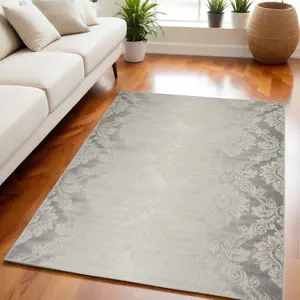 HomeRoots 550162 5x7 ft. Damask Distressed Antislip Grippy Child-Friendly Dual-Color Full-Sized Rectangle Area Rug, Gray & Ivory, Antislip Area Rugs, Child-Friendly Area Rugs