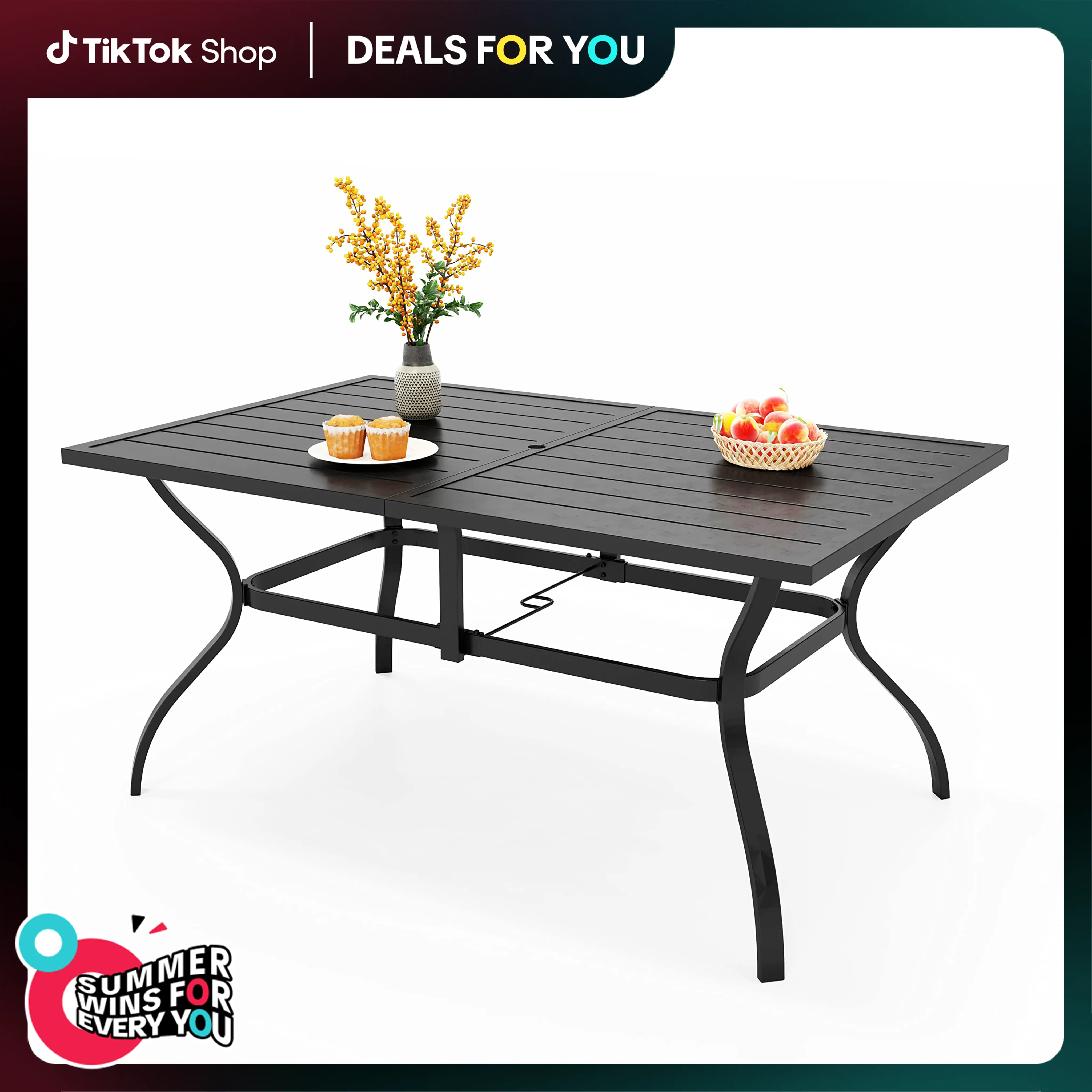 DealsForYouDays PHIVILLA 60'' Outdoor Dining Table for 6 with E-Coating Metal, 1.57" Umbrella Hole, All-Weather Resistant Rectangular Design