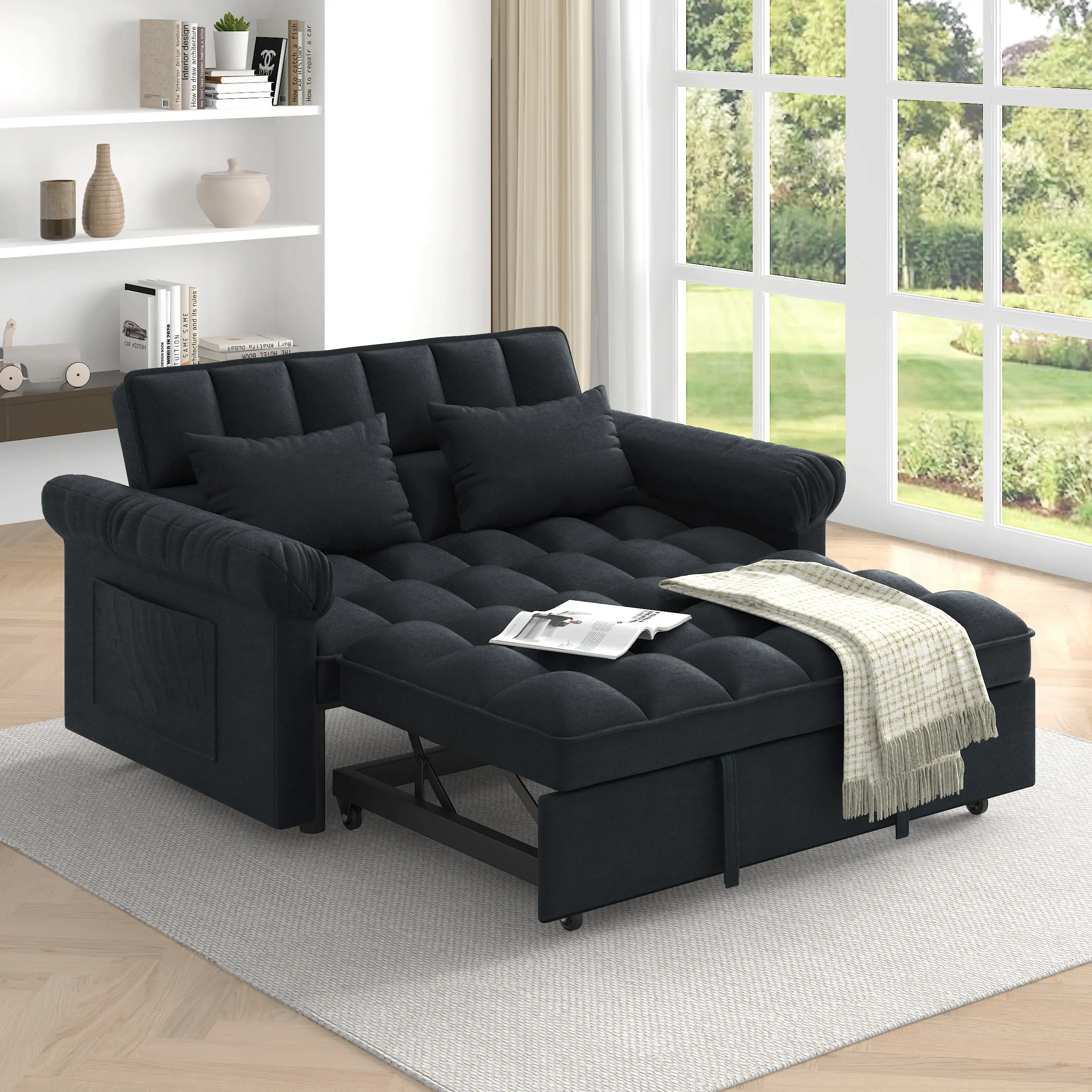 Niccae Loveseat Sofa Bed with Pull-Out Mattress - Adjustable Backrest, Convertible Guest Bed for Apartment/Office, High-Resilience Foam & Wood Frame, Easy Assembly
