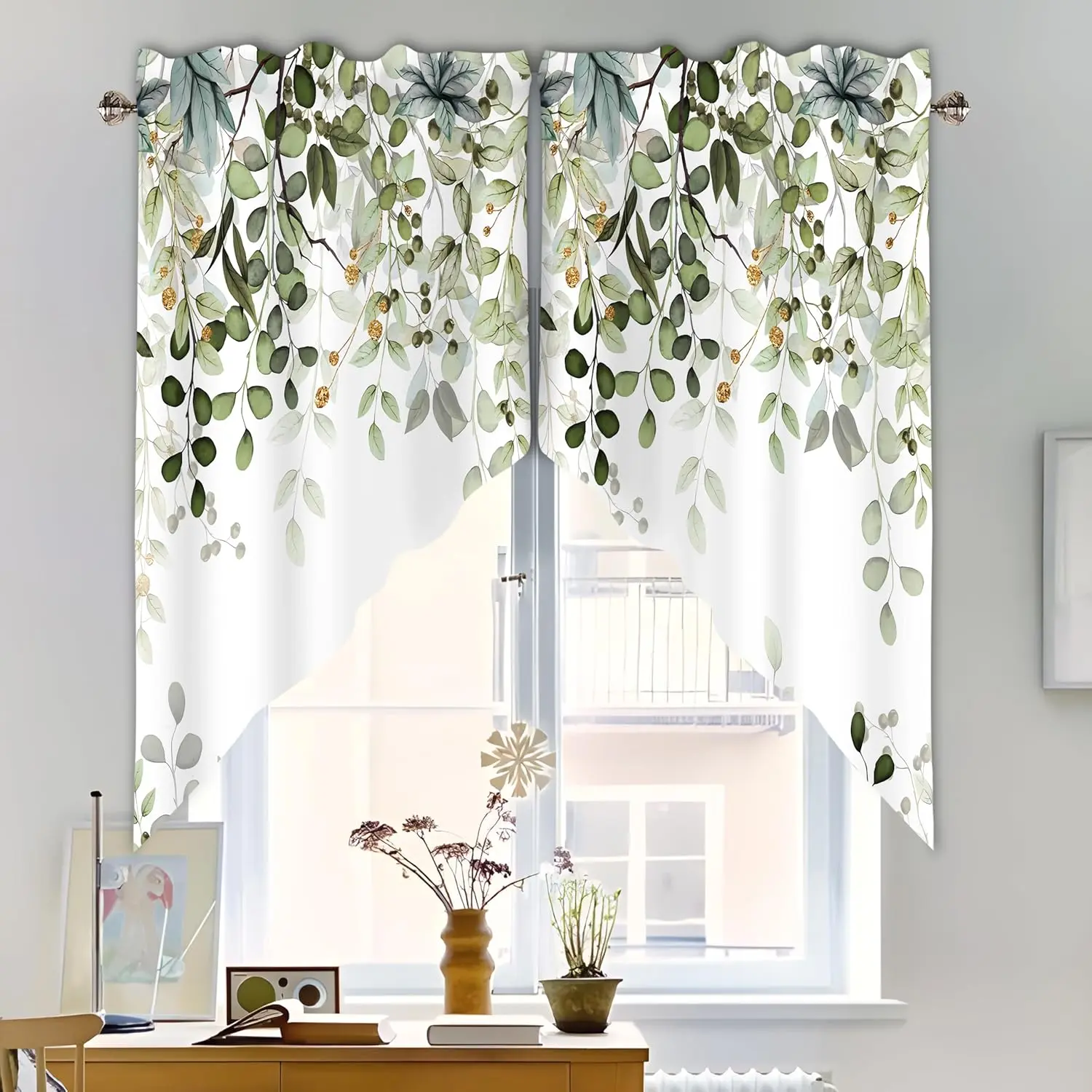 Watercolor Eucalyptus Leaf Curtains and Valances Sage Green 28x36in Short Swag Topper Window Treatments for Kitchen Bathroom