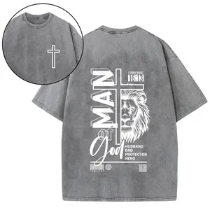 Vintage Washed "Man of God Lion Cross" Graphic Tee - Faith-Based Men's Streetwear