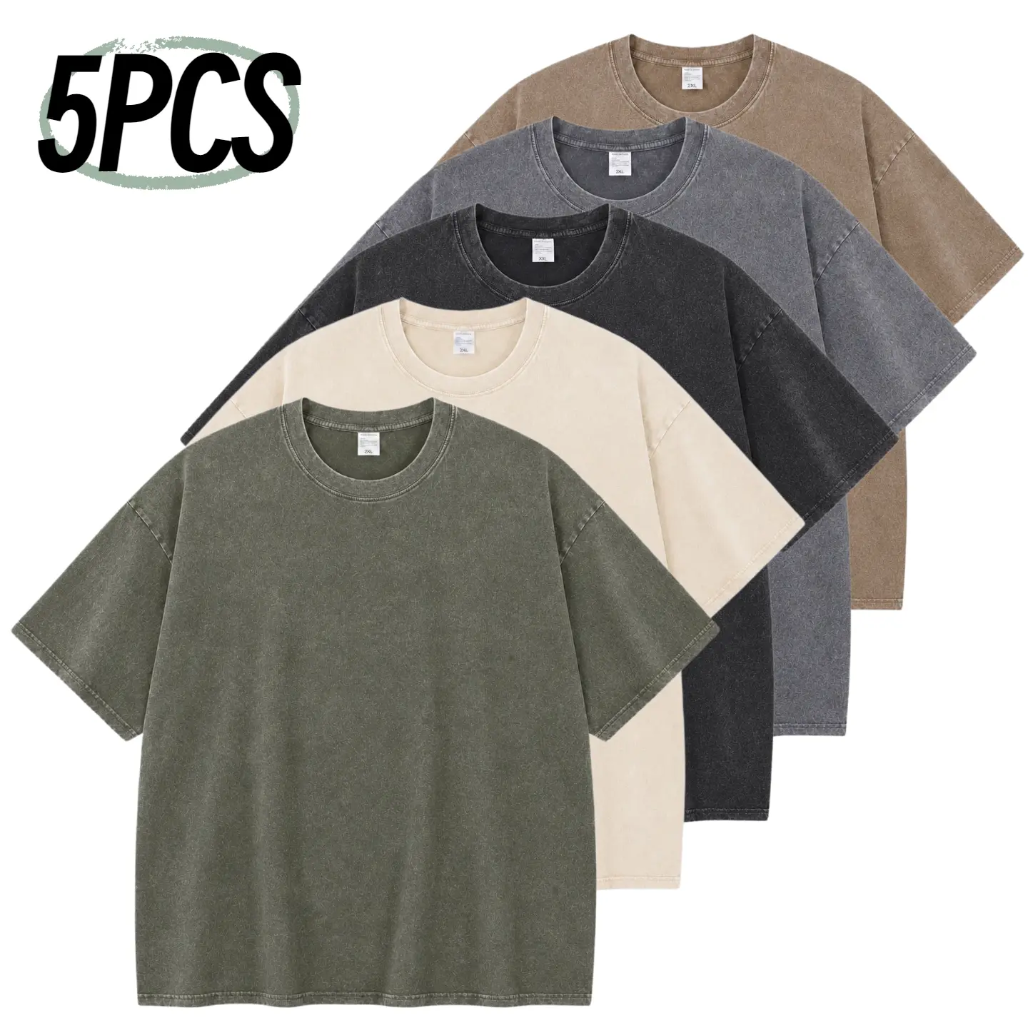 Male 4/5-Pack Oversized Short-Sleeve Plain Fitness Apparel - Vintage Loose Baggy Streetwear Pure Cotton Acid Wash Athletic T Shirt, Bodybuilding Fitness Tee Summer Casual Workout Top, Crew Neck, Baggy & Oversized Fit