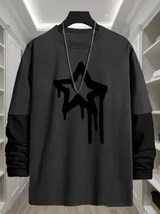 Gothic Star Halloween Element Loose Long Sleeve Round Neck T-Shirt, Fashion Street Casual Style, Comfortable Trendy Top Gift