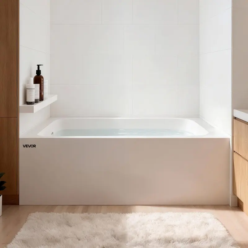 【Summerfinds】VEVOR Alcove Soaking Tub for Relaxing Bath, 60x30x20 in (1524x762x508 mm/185 cm Length), 130 L (34.3 gal) Glossy White Contemporary Rectangle Acrylic Tub, Left Drain, Overflow Hole, Integral Flange, Heat Retention, Durability for Bathrooms, 1