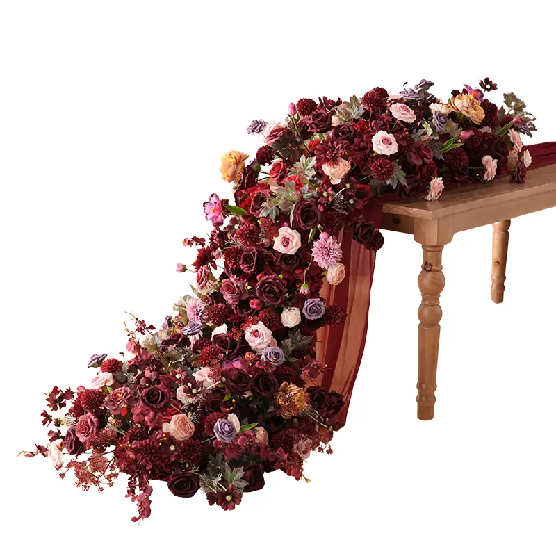 S-A9058 Burgundy Rose Table Sofa Floral Runner Wedding Banquet Supplies