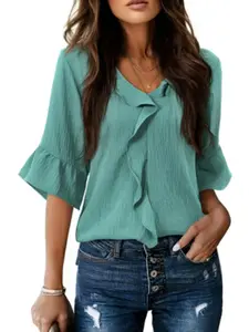Spring Summer New Fashion V-Neck Shirt Ruffled Hem Loose Fit Lightweight Top, Casual Basic Short Sleeve Solid Color Blouse for Women Womenswear Lady