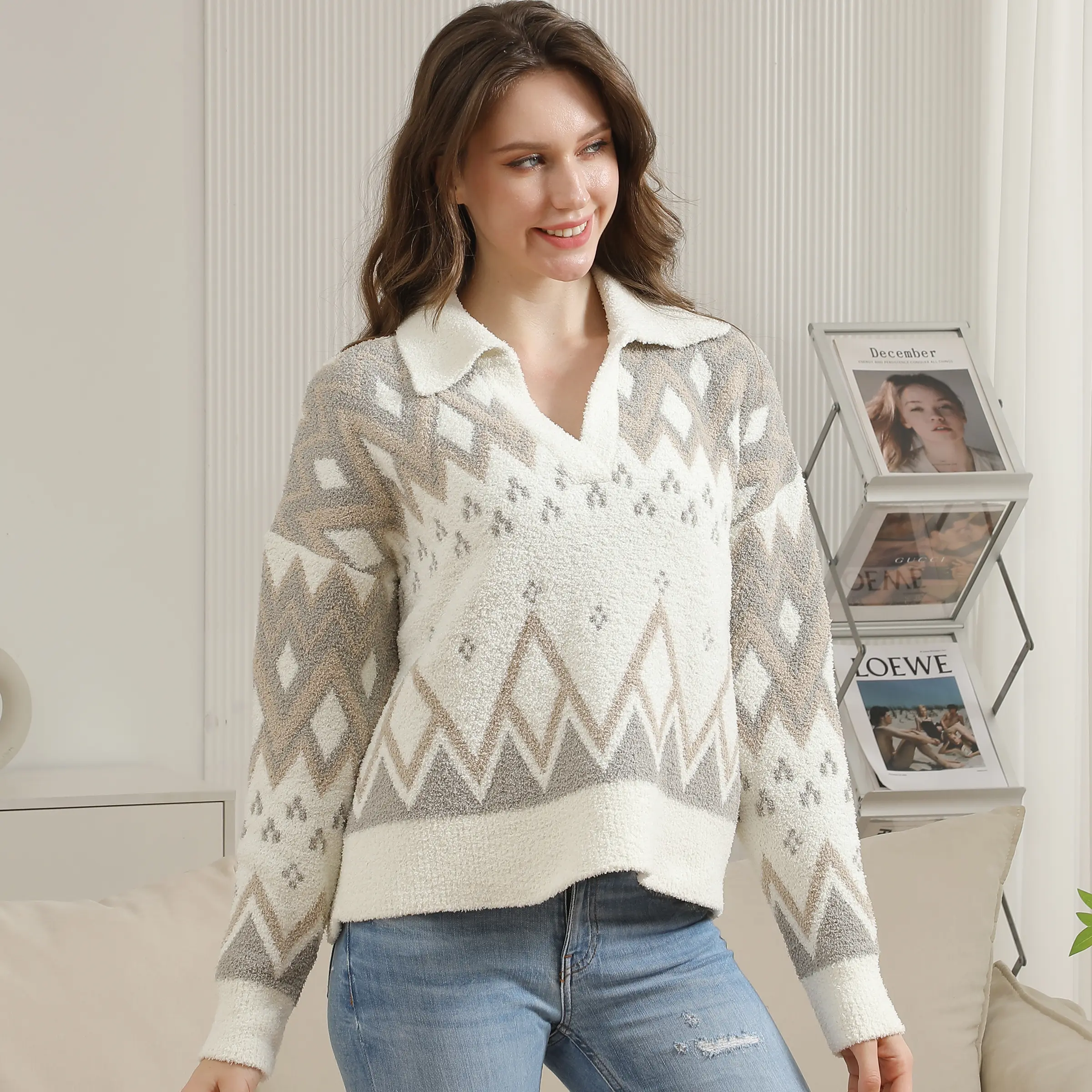 ComfyLuxe Tribal Pattern Luxury Soft Collared Sweater