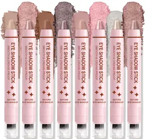 8Pcs Eyeshadow Stick, Eye Brightener Stick Built-in Blender Brush, Shimmer Creamy Eye Shadow Makeup, Waterproof Long Lasting Glitter Highlighter Eye Liner Pencil (8PCS A)