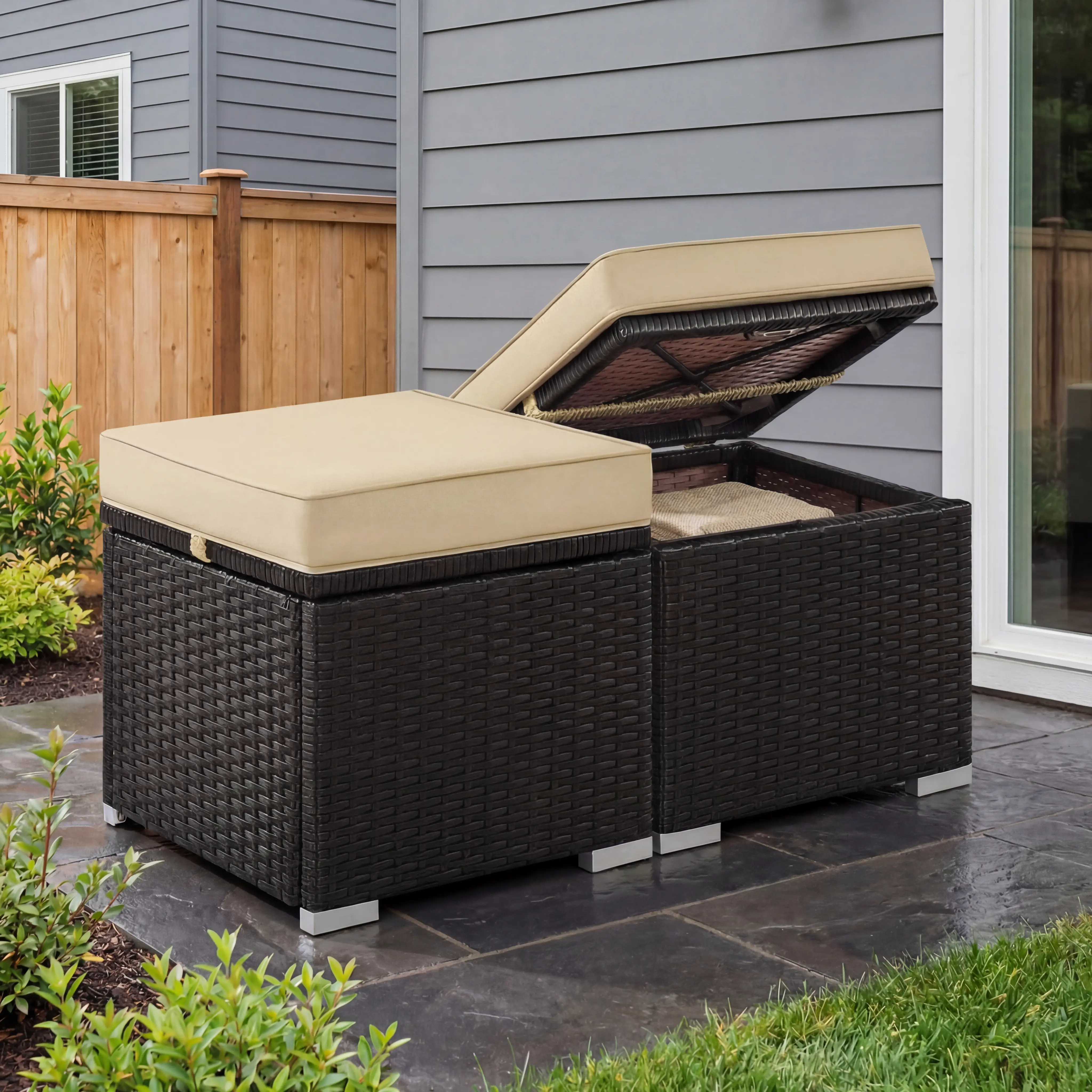 Costoffs 2-Piece Modern PE Rattan Storage Ottoman Set - Patio Furniture Sets, HDPE Storage Benches, Indoor-Outdoor Multipurpose Flip-Top Boxes, Backyard Balcony Porch Stools with Removable Cushions
