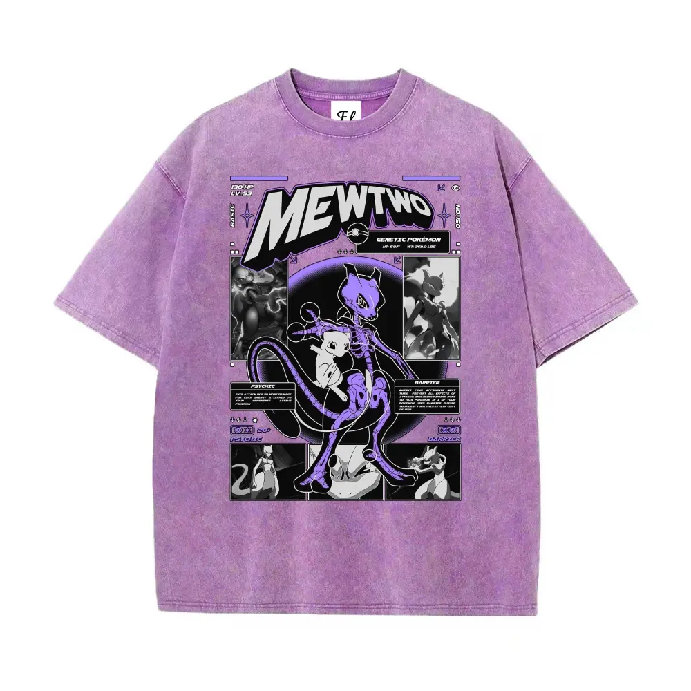 Unisex  #150 Mewtwo Skeleton Card PSYCHIC / BARRIER pocket Graphict Washed T-Shirt Personalized Pattern Y2k Clothing Round Neck Washed T-Shirt,Women's Clothing 100% Cotton, Menswear, Top, Vintage Style,Summer Casual Oversized